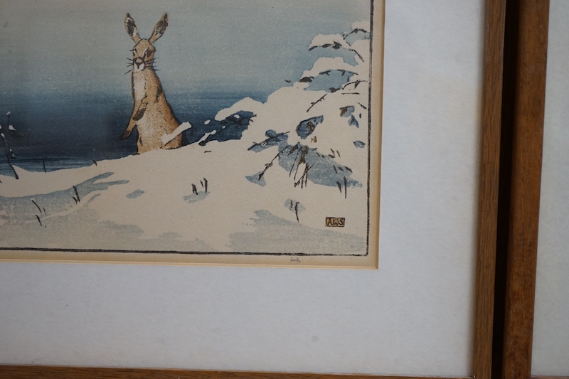 Allen W. Seaby (1867-1953), two woodcuts in colour, comprising Hare in snow and Red Grouse, each monogrammed in pencil, 19.5 x 12.5cm. Condition - some spots of foxing